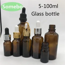 Storage Bottles 200pcs 5ml 10ml 15ml 20ml 30ml Amber Glass Essential Oil Dropper Perfume Bottle Gold/silver/black Cover Pipette