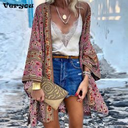 Jackets 2021 Women Boho Print Floral Beachwear Kimono Cardigan Loose Long Sleeve Shawl Capes Blouse Bikini Cover Wrap Outdoor Thin Coat