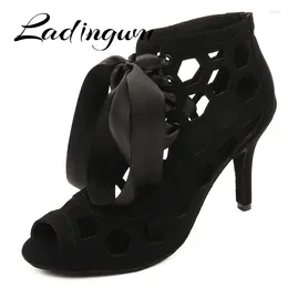 Dance Shoes Ladingwu 2024 Latin Women Black Suede Salsa Girls Ballroom Laser Hollow Sandals