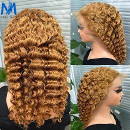 Wigs 30# Coloured 13X4 Lace Front Human Hair Wigs Brown Deep Wave Wig Brazilian Remy Hair for Black Women 180% Density Deep Curly Wig