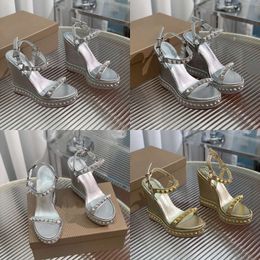 Stud Siery Platform Wedge Sandals Women's Designers Leather Chunky Ankle Strap Heeled Sandal Evening Party Shoes Factory Footwear 12cm Original Quality