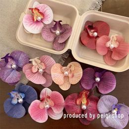 Hair Clips Barrettes Korean Sweet Phalaenopsis Flower 2024 New Bohemian Creative Design Fabric Pearl Clip Womens Headwear