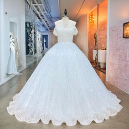 Hire Lnyer Sweetheart Neck Short Sleeve Lace Up Back Full Pearls Body Shiny Beads Sequins Skirt Sparkly Ball Gown Wedding Dresses