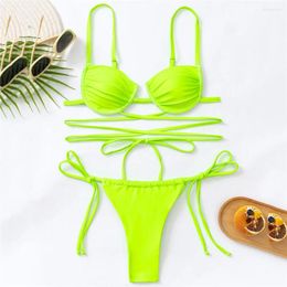 Women's Swimwear Bikini Set Sexy Neon Green Push Up Micro Thong Bikinis Women String Cross Lace-up Swimsuits Bathing Mini Biquinis