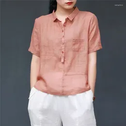 Women's Blouses Limiguyue Thin Solid Cotton Linen Blouse Women Turn-down Collar Short Sleeve Pocket Shirt Summer Loose Causal Pullover Tops