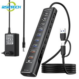 RSHTECH USB HUB 10Gbps Type-C PD USB3.2 USB C Hub 60W USB-A 3.2 QC3.0 Charging Ports Aluminium USB Splitter for Laptop/PC 240418