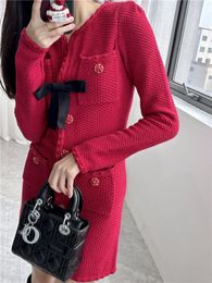 Self Portrait Summer Pure Color Panelled Buttons Dress Red Long Sleeve Round Neck Single-Breasted Casual Dresses G4A2315