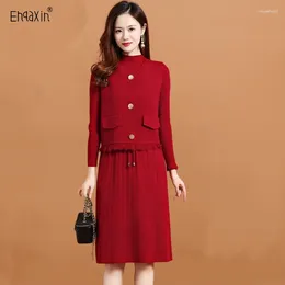 Casual Dresses EHQAXIN Autumn Winter Women's Knitted Dress Set 2024 Fashion Loose Buttons Cardigan Vest Pleated Lace-Up Sweater M-2XL