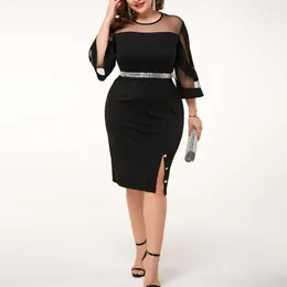 Casual Dresses Simple Dress Elegant Plus Size Midi With Mesh Patchwork Shiny Sequin Detail For Women's Spring Fall Wardrobe Slim
