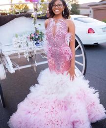 Party Dresses Rose Pink Mermaid Long Evening For Women 2024 Sparkly Diamond Crystal Feather Prom Gala Gown Black Girl Ruffles