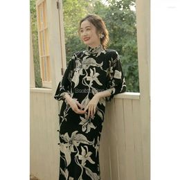 Ethnic Clothing 2024 Chinese Style Flower Printed Retro Improved Half Sleeve Cheongsam Dress Women's Summer Loose Mid-length Qipao S489