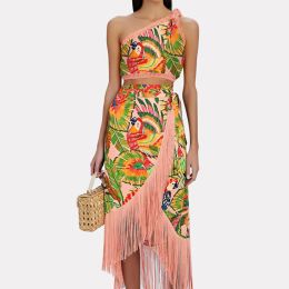 Suits Vintage OneShoulder Embroidered Print Bikini And Fringe Skirt Swimwear Women Cover Up Sun Protection Floral Tie Dye Lace Stripe