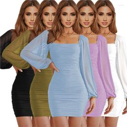 Beach One Piece Dress Korean Style Women 2024 Summer Trumpet Long Sleeve Mesh Fold Sexy Solid Polyester Cover Up Pareos