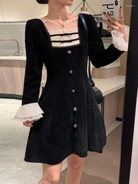 Casual Dresses Spring Fall Mini Dress For Women Black Chenille Square Collar Flare Sleeve Patchwork Korean Fashion Elegant Vestidos Femme