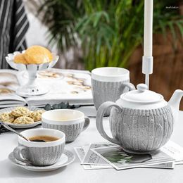 Mugs Creative Relief Wool Texture Ceramic Coffee Cup With Saucer Nordic Modern Afternoon Tea Teapot Teacup Office Desktop Water Cups