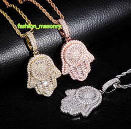 Iced Out Hand of Fatima Hamsa Pendant Necklace CZ Copper Top Quality Cubic Zircon Bling For Men Women gifts