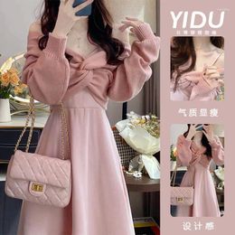 Work Dresses Spring Soft And Elegant Korean-Style Sweet Cute Fitted Sweater Dress With Belt Connected Skirt Two-Piece Set For Women