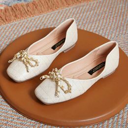 Casual Shoes Women Leather Flats Spring Girl Round Toe Chain Bowknot Boat Slip-on Loafers Big Size 33-43