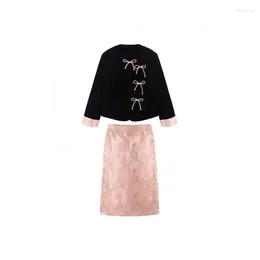 Work Dresses Fashion Design Black Shirts Sets Vintage Women Chinese Style Long Sleeve BlouseHigh Waist Print Floral Midi Skirts Two Piece