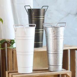 Vases Creative Tin Flower Bucket DIY Craft Durable Round Retro Barrel With Handles Protable Wrought Vase Wedding