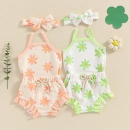 Clothing Sets 2024 Summer Baby Girls Suit Set Cotton Flower Print Sleeveless Romper With Shorts And Hairband Clothes For Toddler Infant