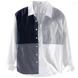 Men's Casual Shirts Long Sleeved Shirt Trend Item Colour Matching Cotton Artistic And Fashionable Youth Stripe Lapel Top