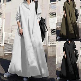 Casual Dresses Solid Lapel Neck Long Sleeve Shirt For Women Tunic Sundress Elegant Autumn Loose Oversized Cotton Dress Vestidos