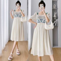 Maternity Dresses Summer new pregnant woman dress short sleeved square neckline hollow knitted splicing work backless chiffon Q240427