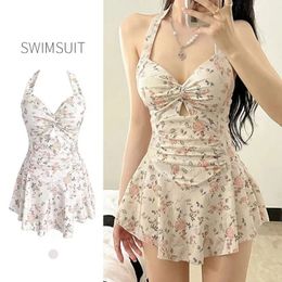 sexy Korean fashion conservative swimsuit one piece floral print wrinkled knot mini dress culottes bikinis padded swimwear 240426