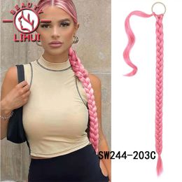 Ponytails Ponytails Lihui Ponytail Synthetic Boxing Braids Wrap Around Chignon Tail With Rubber Band Hair Ring 34 " Pink Red Braid DIY