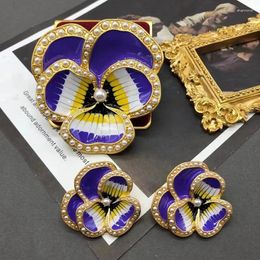 Stud Earrings Vintage Coloured Enamel Glaze Flower Ear Clip Mediaeval Purple Multi-layer Brooch Set