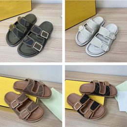 Designer Men Women Sandals Double Strap Flat Buckle Slippers Canvas Slides Mule Leather Bottom Beach Slides Rubber Soles Summer Flip Flops With Box NO394