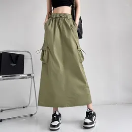 Skirts American Work Dress Long Slit Design Drawstring Pocket One Step Skirt Women's Summer Elastic Waist Harajuku