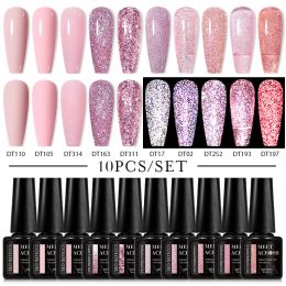 Kits 10Pcs Nude Glitter Gel Nail Polish Set Purple Pink Reflective Glitter Semi Permanent Varnishes Soak Off UV LED Nail Art Gel Kits