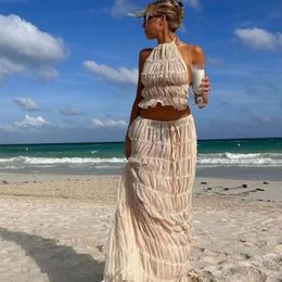 Sexy Halter Backless Crop Top Long Skirt Women 2 Piece Set Summer Fold Lace Up Beach Vacation Outfits Elegant White Suits 240422