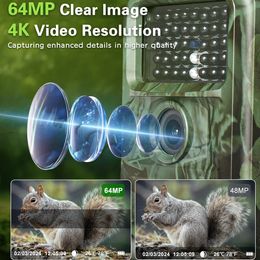 4K 64MP Trail Camera with No Glow Night Vision IP67 Waterproof Hunting 2 Inch Screen for Outdoor Wildlife Monitoring 240422