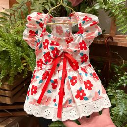 Dog Apparel Summer Clothes Floral Princess Dresses Cute Puppy Accessories Cat Flying Sleeves Chihuahua Girls Costume