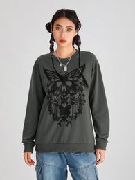 Women's Hoodies Women Gothic Sweatshirt Long Sleeve Crew Neck Butterfly Skull Print Hoodie Female Goth Black Pullover Tops Spring Fall Shirt