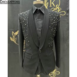 Black Men Suits Diamonds Beading Groom Wedding Tuxedos 2 Pieces Sets Dinner Prom Blazers Terno Masculino Completo