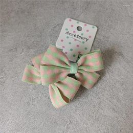 Hair Accessories 2024 Spring/Summer Pastoral Sweet Baby And Little Girl Leather Band Pink Green Checked Bow Knot Headrope Loop