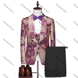 Men's Suits Boutique High-quality Jacquard Fabric Suit Three Pieces(Jacket Pants Vest) Set Male Formal Party Prom Wedding Clothing