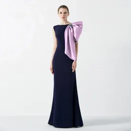 Party Dresses Elegant Navy Blue Satin Evening With Bow Fashion O-Neck Sleeveless Crystal Floor Length Wedding Gowns Prom