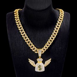 Designer Pendant Necklaces Diamond Winged Money Bag for Men and Women High End Trendy Versatile Hip Hop Street Style Cuban Chain Necklace