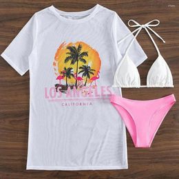 Women's Swimwear Lace-up Triangle Cup Bikini Printed Halterneck Swimsuit Stylish Tropical Print Set With Detail Cover For Summer
