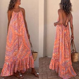 Summer Casual Elegant Womens Printed Long Dress Sling Large Swing