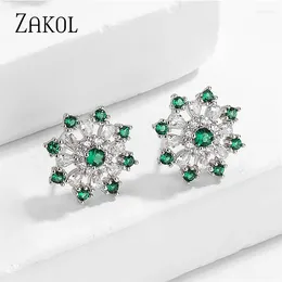Stud Earrings ZAKOL 2024 Korean Cute Green Flower For Women Delicate Pink Hollow Out Cubic Zirconia Girls Ear Party Jewelry