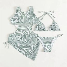 Women's Swimwear Wave Print Bikini Thong Halter Swimsuit Drawstring Hollow Out Cover-up 3 Piece Women Bikinis Set Beachwear Bathing Suit