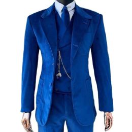 Jackets Royal Blue Velvet Men Suits for Wedding Slim Fit Custom Groom Tuxedo 3 Piece Jacket Vest with Pants Male Fashion Costume 2022