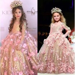 Crew pescoço rosa Uma linha de princesa Tulle Flower Girl Dresses com lantejoulas douradas de mangas compridas de renda de renda para meninas vestidos de concurso BC2069