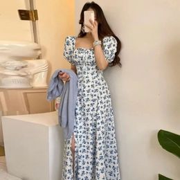Lucyever Blue Floral Print Women Midi Dress Summer High Waist Puff Sleeve Long Dresses Woman Korean Fashion Slit Party Vestidos 240424